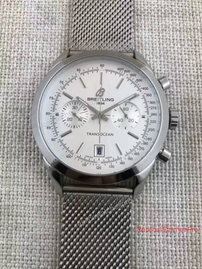 Low Price Clone Breitling Transocean Watch SS Mesh Band White Dial